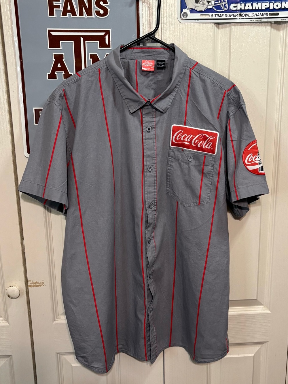 Coca Cola Gray Short Sleeve Button-Up Shirt with Red Stripes